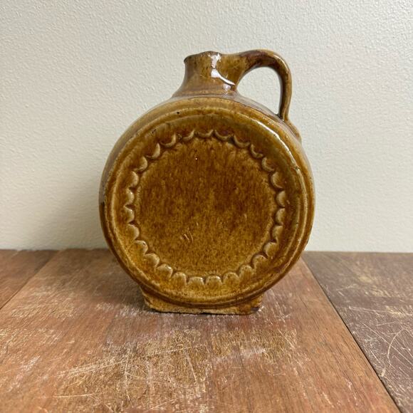 Antique‎ Stoneware Pottery Jug Round Shape Amber Color Crude Spout Handle - Picture 8 of 9